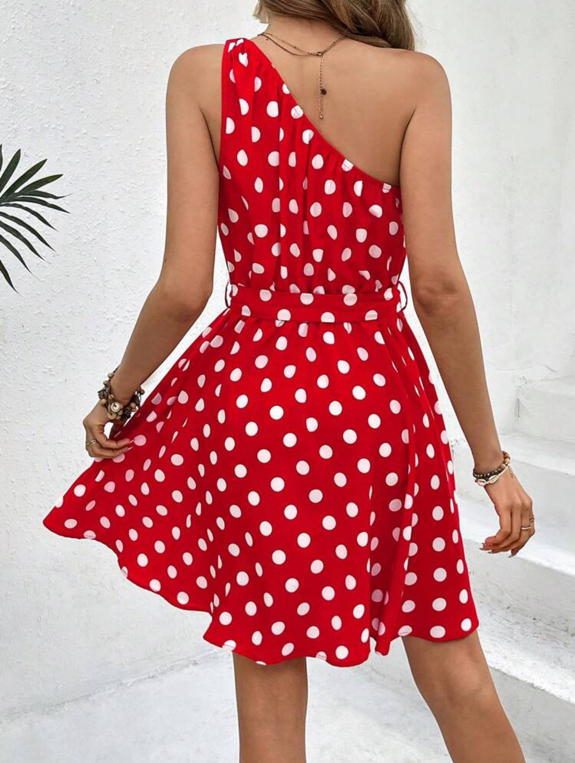 #1889  Polka Dot One Shoulder Belted Dress