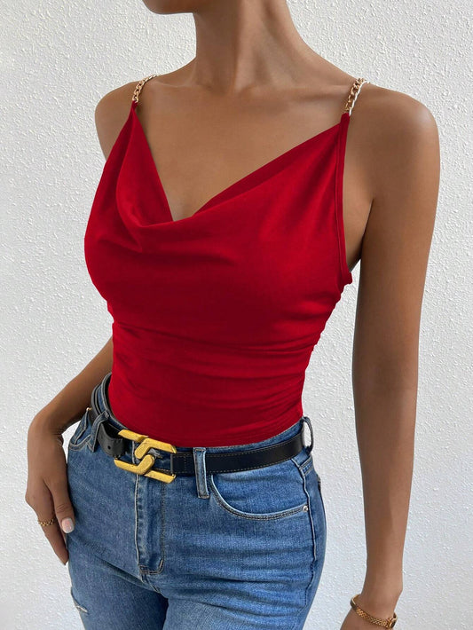 9707 Chain Detail Draped Collar Ruched Cami Top