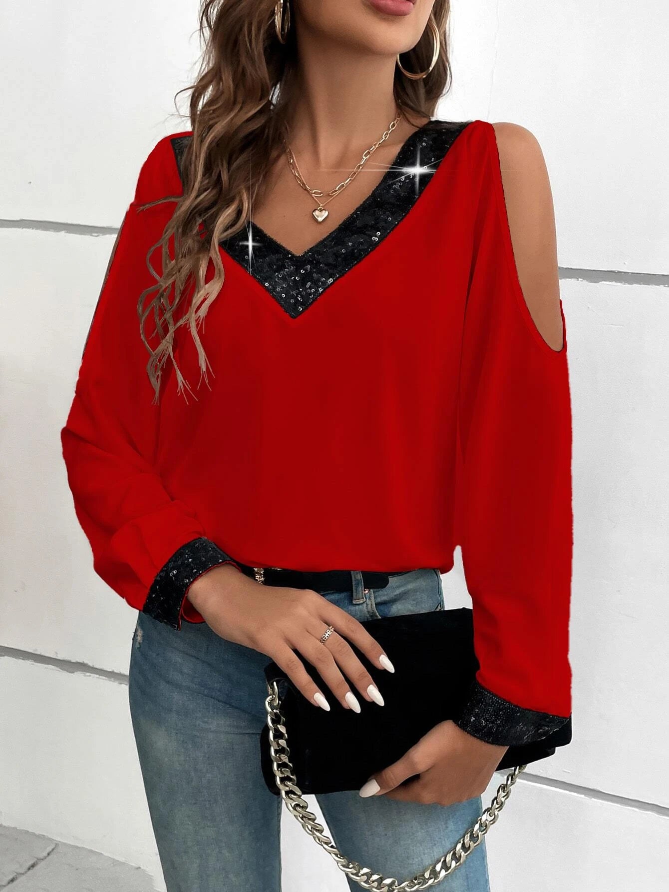 9904 contrast Sequin Cold Shoulder Blouse