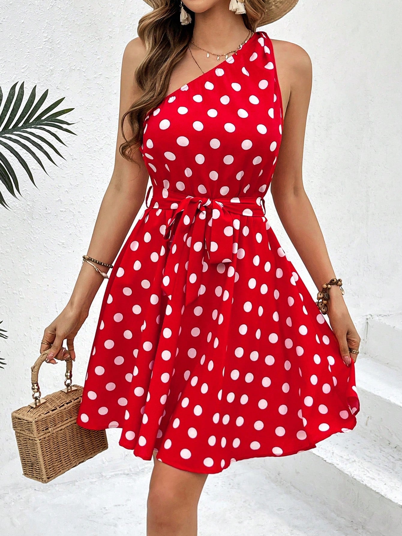 #1889  Polka Dot One Shoulder Belted Dress