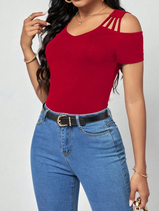 7801 Solid Cut Out Cold Shoulder Tee