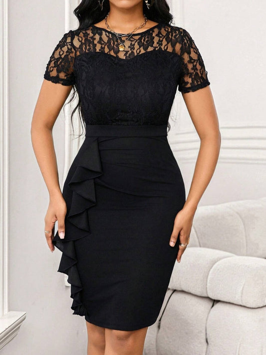 #4214  Lace Splicing Ruffled Dress